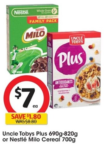Coles Uncle Tobys Plus 690g-820g or Nestlé Milo Cereal 700g offer