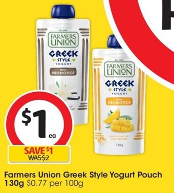 Coles Farmers Union Greek Style Yogurt Pouch 130g offer