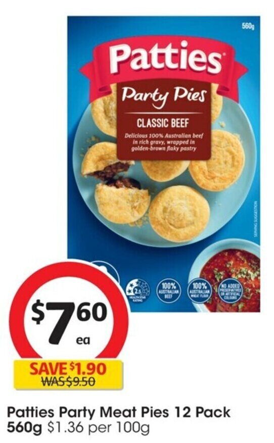 Patties Party Meat Pies 12 Pack 560g 1.36 per 100g offer at Coles