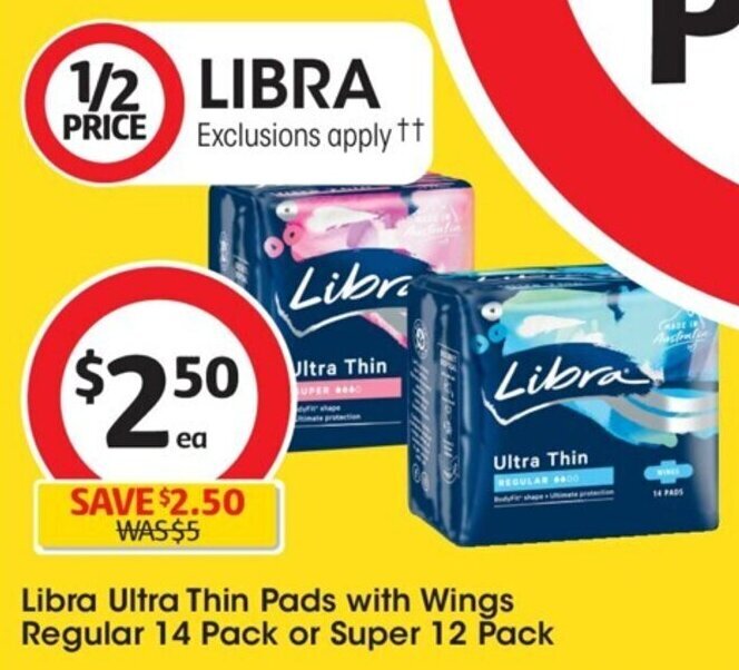 Libra Ultra Thin Pads with Wings Regular 14 Pack or Super 12 Pack offer at Coles