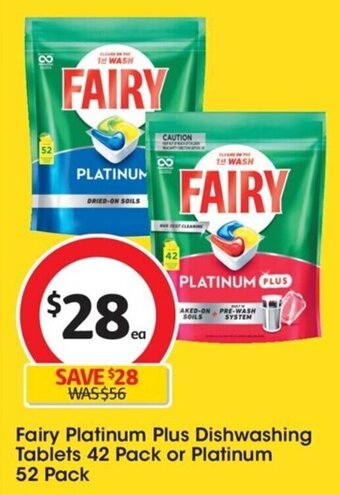 Fairy Platinum Plus Dishwashing Tablets 42 Pack or Platinum 52 Pack