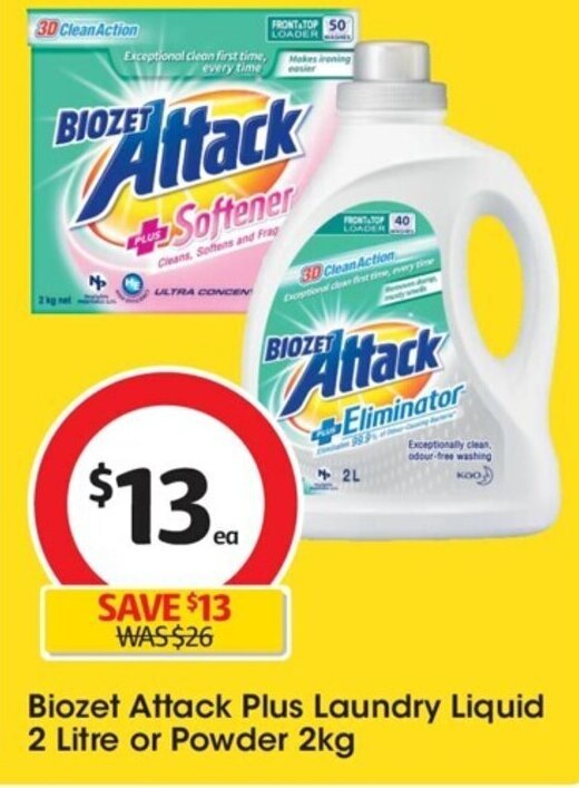 Biozet Attack Plus Laundry Liquid 2 Litre or Powder 2kg offer at Coles