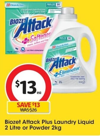 Coles Biozet Attack Plus Laundry Liquid 2 Litre or Powder 2kg offer