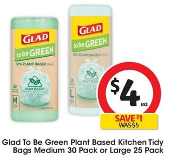 Coles Glad To Be Green Plant Based Kitchen Tidy Bags Medium 30 Pack or Large 25 Pack offer