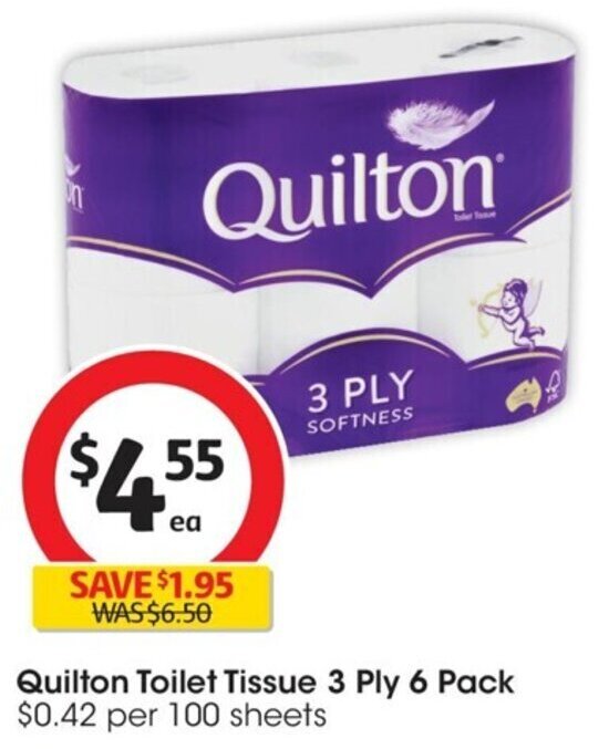 Quilton Toilet Tissue 3 Ply 6 Pack 0.42 per 100 sheets offer at Coles