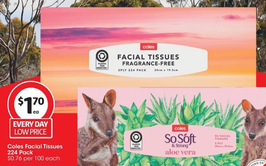 Coles Facial Tissues 224 Pack 0.76 per 100 each offer at Coles