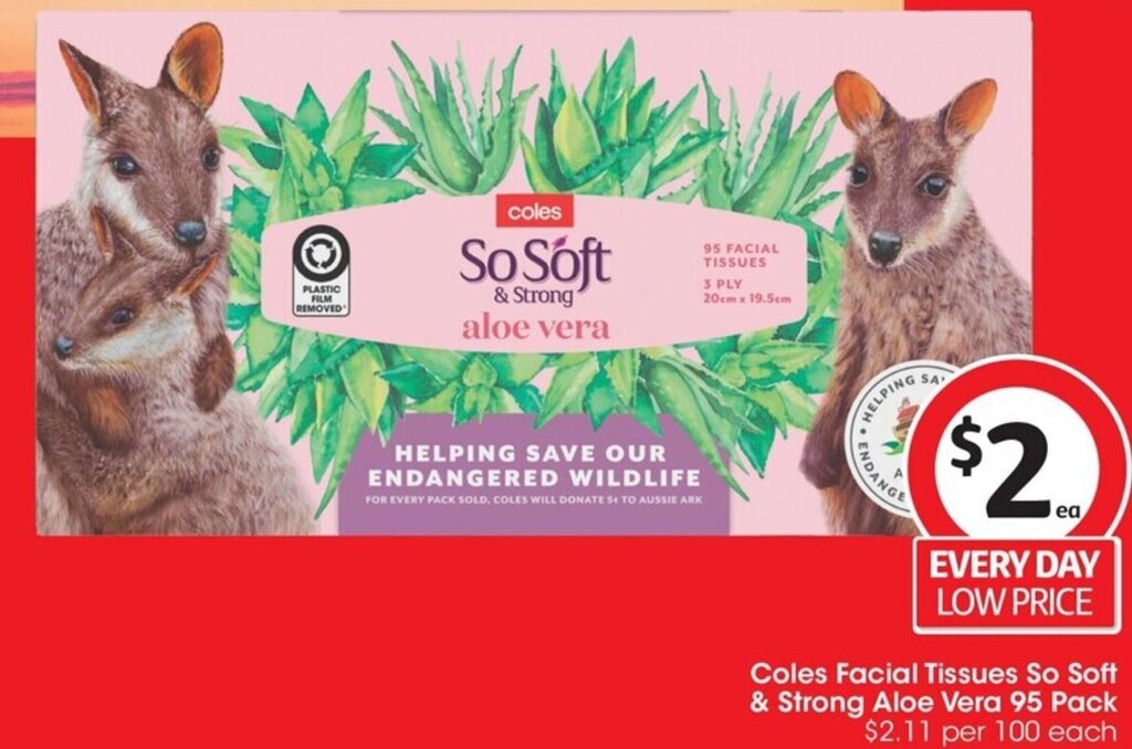 Coles Facial Tissues So Soft & Strong Aloe Vera 95 Pack 2.11 per 100