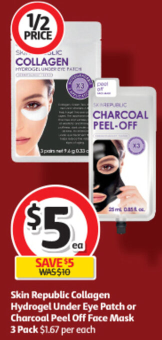 Coles Skin Republic Collagen Hydrogel Under Eye Patch or Charcoal Peel Off Face Mask 3 Pack offer