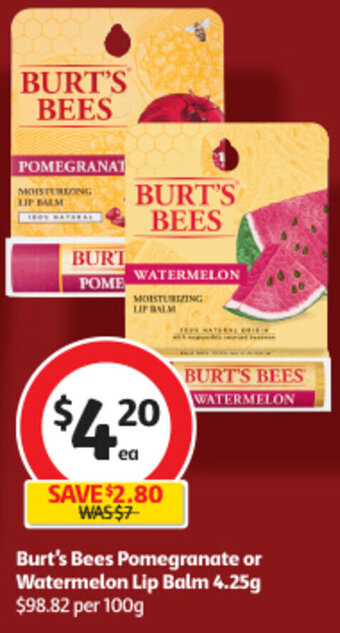 Coles Burt's Bees Pomegranate or Watermelon Lip Balm 4.25g offer