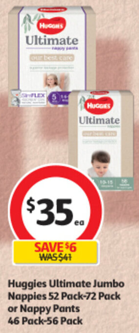 Coles Huggies Ultimate Jumbo Nappies 52 Pack-72 Pack or Nappy Pants 46 Pack-56 Pack offer