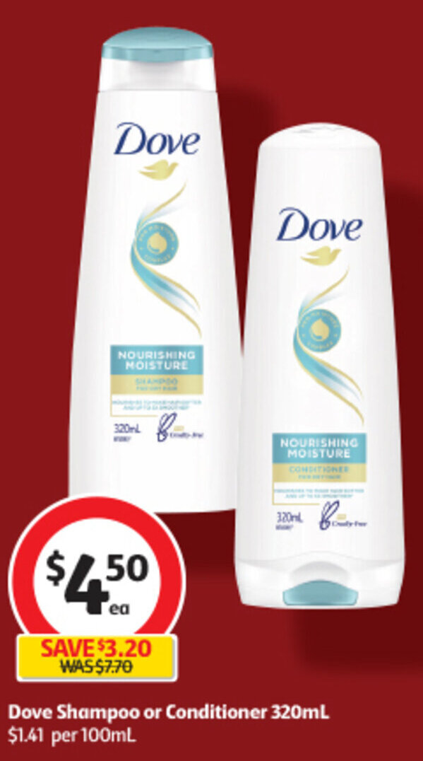 Dove Shampoo or Conditioner 320mL 1.41 per 100mL offer at Coles