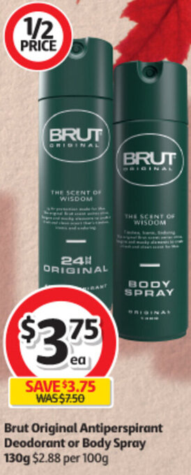 Coles Brut Original Antiperspirant Deodorant or Body Spray 130g $2.88 per 100g offer