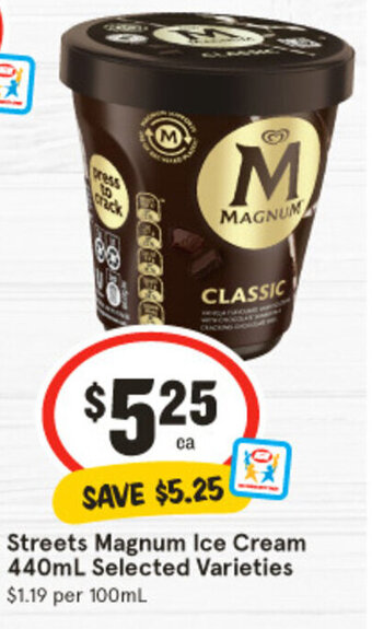 IGA Streets Magnum Ice Cream 440mL Selected Varieties $1.19 per 100mL offer