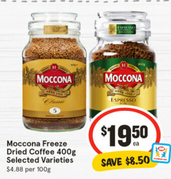 IGA Moccona Freeze Dried Coffee 400g Selected Varieties $4.88 per 100g offer