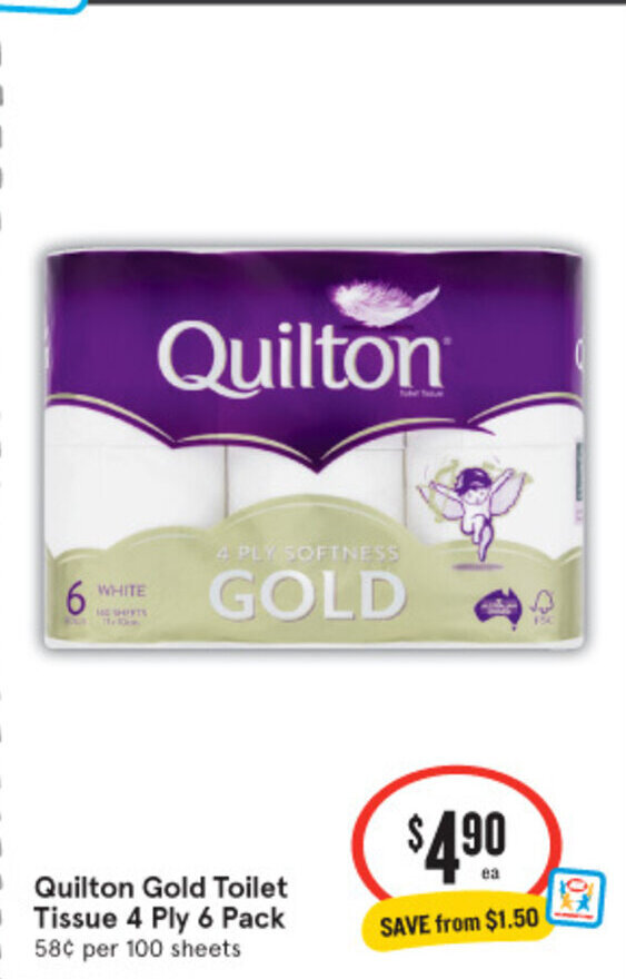 Quilton Gold Toilet 1 Tissue 4 Ply 6 Pack 1 58¢ per 100 sheets offer at IGA