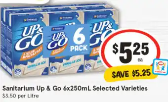 IGA Sanitarium Up & Go 6x250mL Selected Varieties $3.50 per Litre offer
