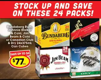 Ritchies Bundaberg Rum, Johnnie Walker & Cola, Jim Beam & Cola or Canadian Club & Dry 24x375ml Can Cubes offer