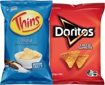 IGA Thins, Doritos, Smith's Oven Baked Chips 130-175g or Assorted Multipack 5-6 Pack Selected Varieties offer