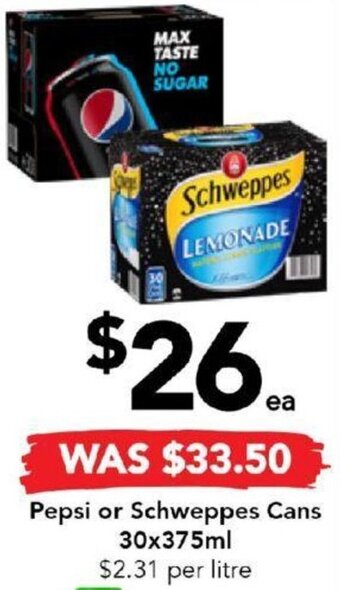 Drakes Pepsi or Schweppes Cans 30x375ml offer