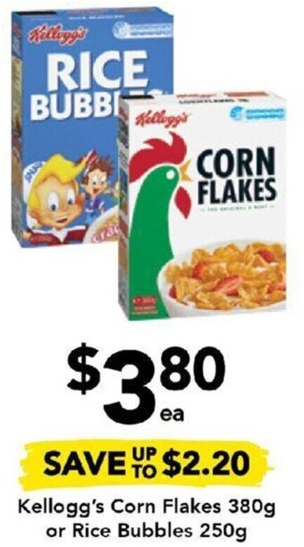 Drakes Kellogg's Corn Flakes 380g or Rice Bubbles 250g offer