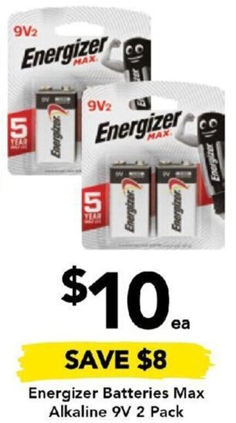 Drakes Energizer Batteries Max Alkaline 9V 2 Pack offer