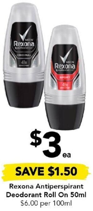 Drakes Rexona Antiperspirant Deodorant Roll On 50ml offer