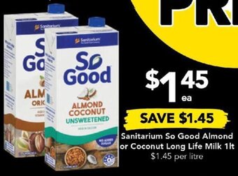Drakes Sanitarium So Good Almond or Coconut Long Life Milk 1lt offer