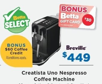 Betta Breville Creatista Uno Nespresso Coffee Machine offer