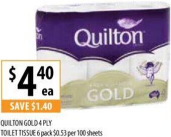 Supabarn QUILTON GOLD 4 PLY TOILET TISSUE 6 pack offer