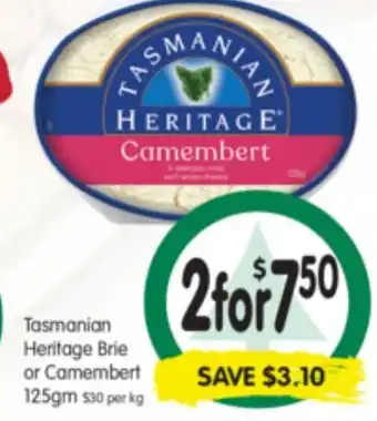 Spar Tasmanian Heritage Brie or Comembert 125gm offer
