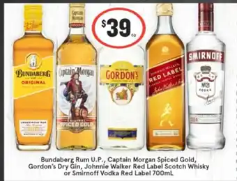 Bundaberg Rum U.P, Captain Morgan Spiced Gold, Gordon's Dry Gin, Johnnie Walker Red Label or Smirnoff Vodka Red Label 700ml