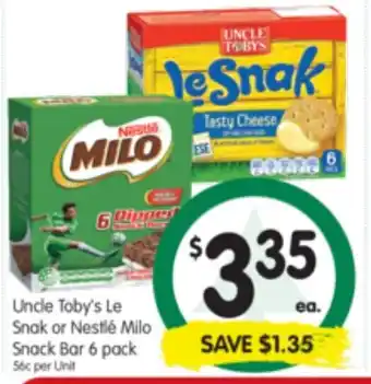 Spar Uncle Toby's Le Snak or Nestle Milo Snack Bar 6 Bar 6 pack offer