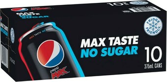 Woolworths Pepsi Max, Solo Zero, Mountain Dew No Sugar or Schweppes Lemonade Zero Soft Drink Can Varieties 10 x 375ml offer
