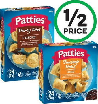 Woolworths Patties Party Pies 1.12 kg or Party Sausage Rolls 900g Pk 24 offer