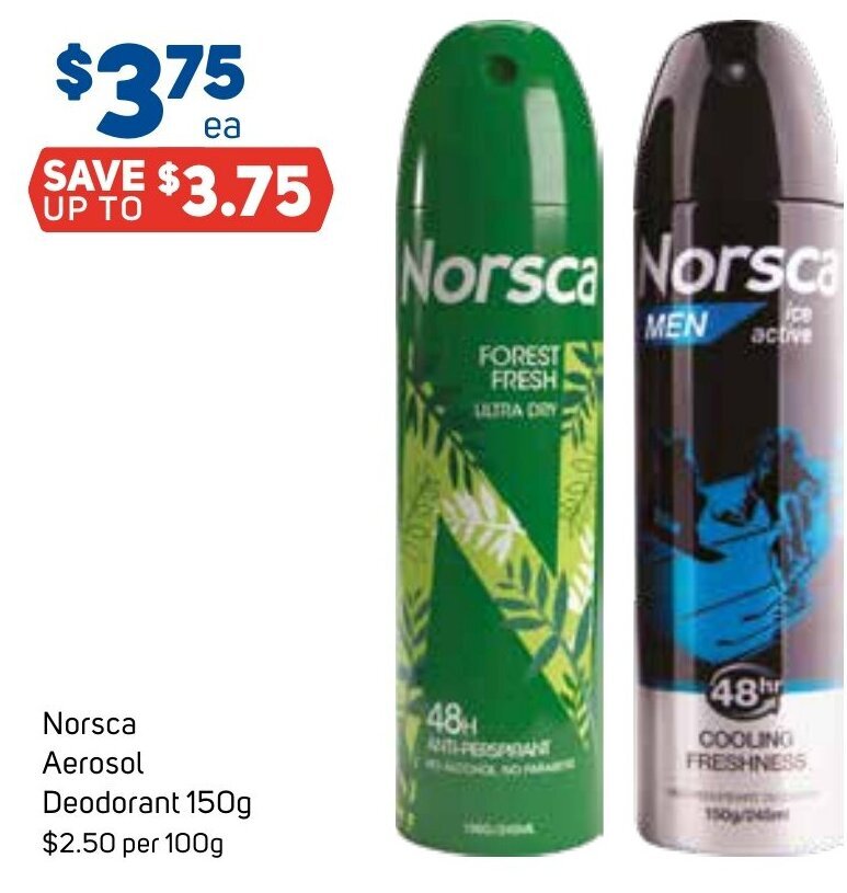 Norsca Aerosol Deodorant 150g offer at Foodland