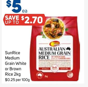 Foodland SunRice Medium Grain White or Brown Rice 2kg offer