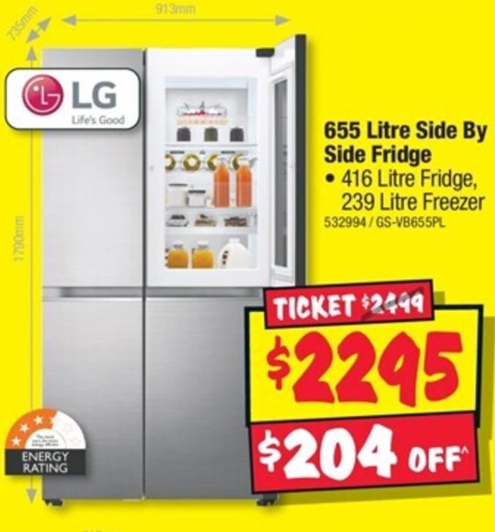 LG 655 Litre Side By Side Fridge offer at JB HiFi