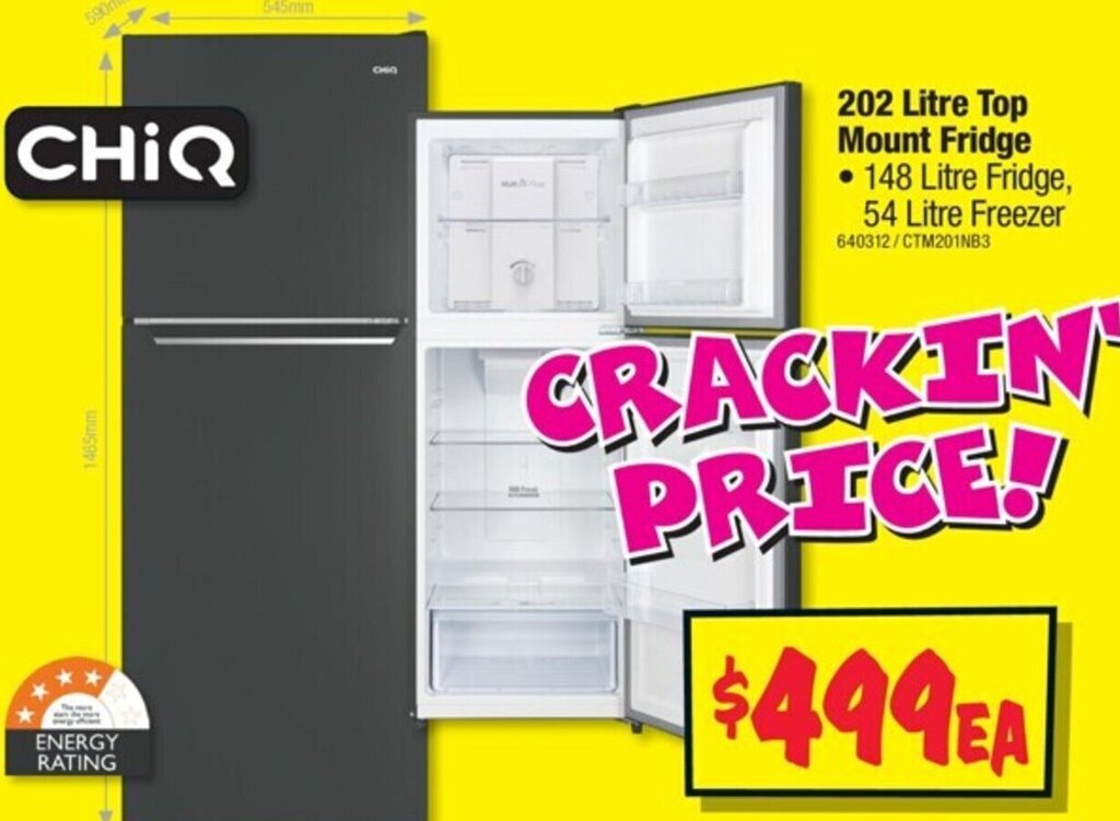 CHIQ 202 Litre Top Mount Fridge offer at JB HiFi