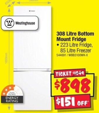JB Hi-Fi Westinghouse 308 Litre Bottom Mount Fridge offer