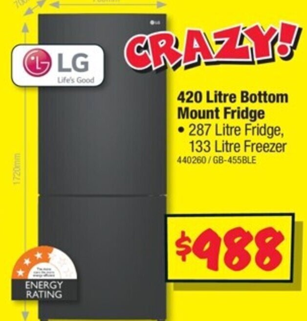 LG 420 Litre Bottom Mount Fridge offer at JB HiFi