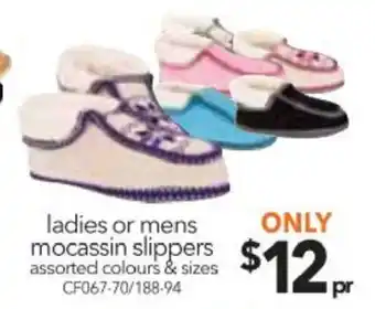 Cheap as Chips Ladies or Mens Mocassin Slippers Assorted Colours & Sizes - CF067-70/188-94 offer
