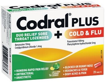 Woolworths Codral plus duo relief sore throat lozenges & cold & flu tablets pk 20~ offer