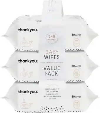 Woolworths Thankyou baby wipes 3 x pk 80 offer