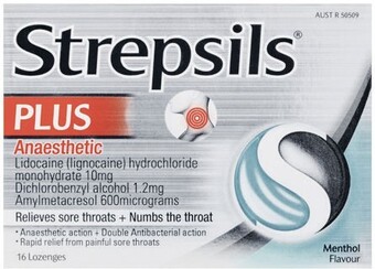 Woolworths Strepsils plus anaesthetic sore throat numbing pain relief lozenges pk 16~ offer
