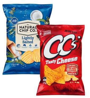 Coles Cc's corn chips or natural chip co potato chips 175g offer