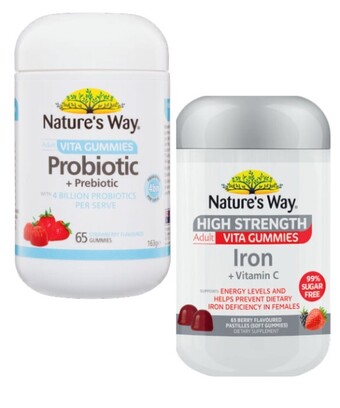 Coles Nature's way adult vita gummies probiotic or iron 65 pack^ offer