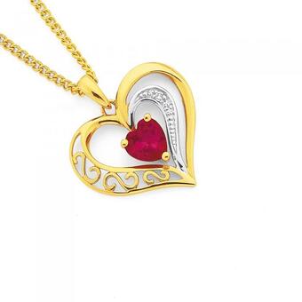 Prouds 9ct gold created ruby & diamond heart pendant offer
