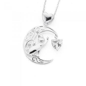 Prouds Sterling silver cubic zirconia heart cat on moon pendant offer