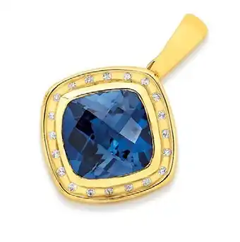Prouds 9ct gold created sapphire & diamond cushion cut enhancer pendant offer
