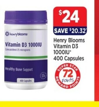 Star Discount Chemist Henry Blooms Vitamin D3 1000IU* 400 Capsules offer